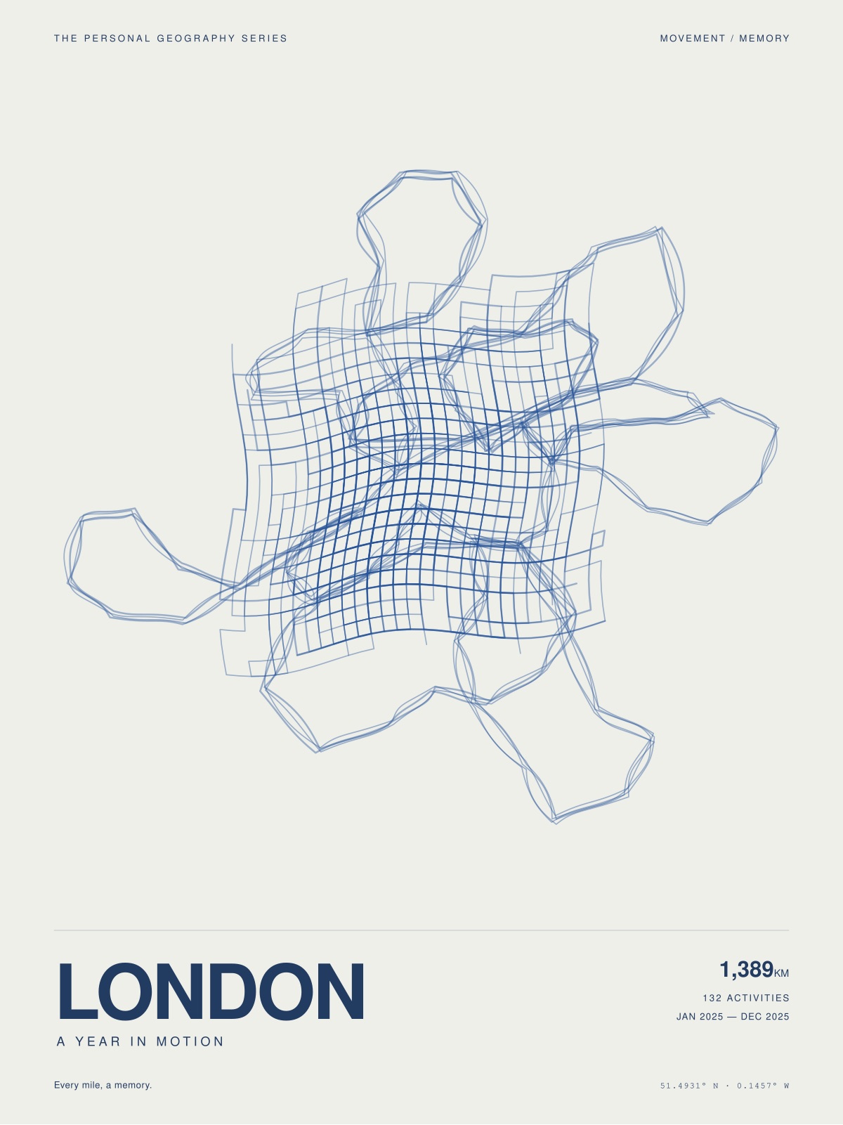 The Heatmap print: a year of London runs layered into one map of familiar roads