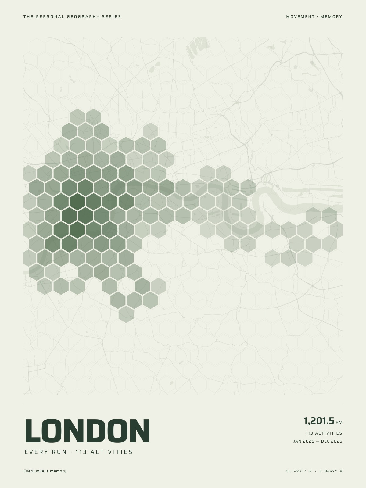 Hex tiles: Everywhere you have been, as a mosaic of hexagons on the map.