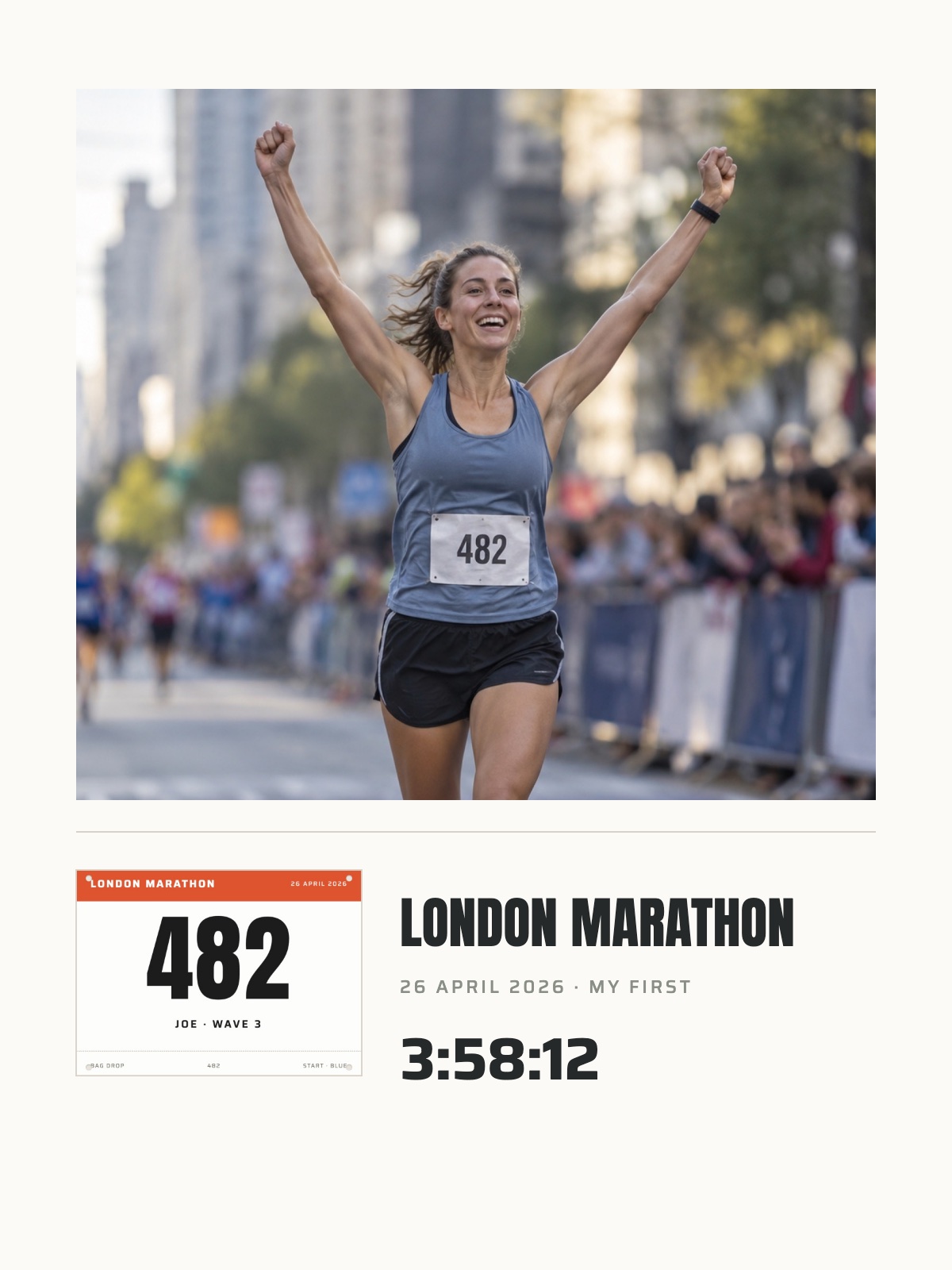 The Photo Print, Race day layout: your race photograph above your bib, the race and your finish time.